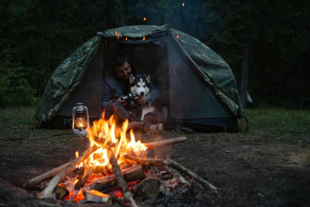 Cozy camping scene with a man and his dog by a campfire at night.