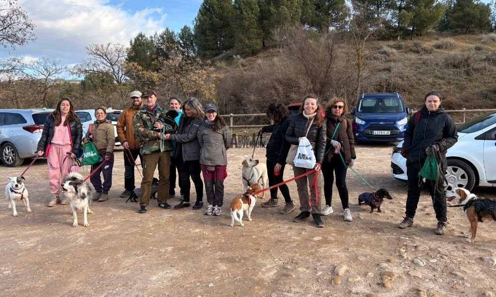 grupo guiado de senderismo con perro