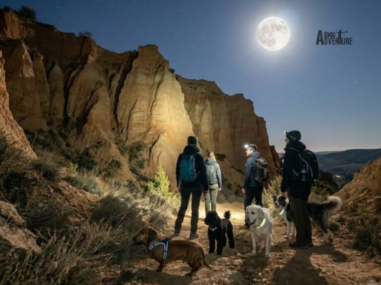 Ruta nocturna de Dog Adventure con perros iluminados