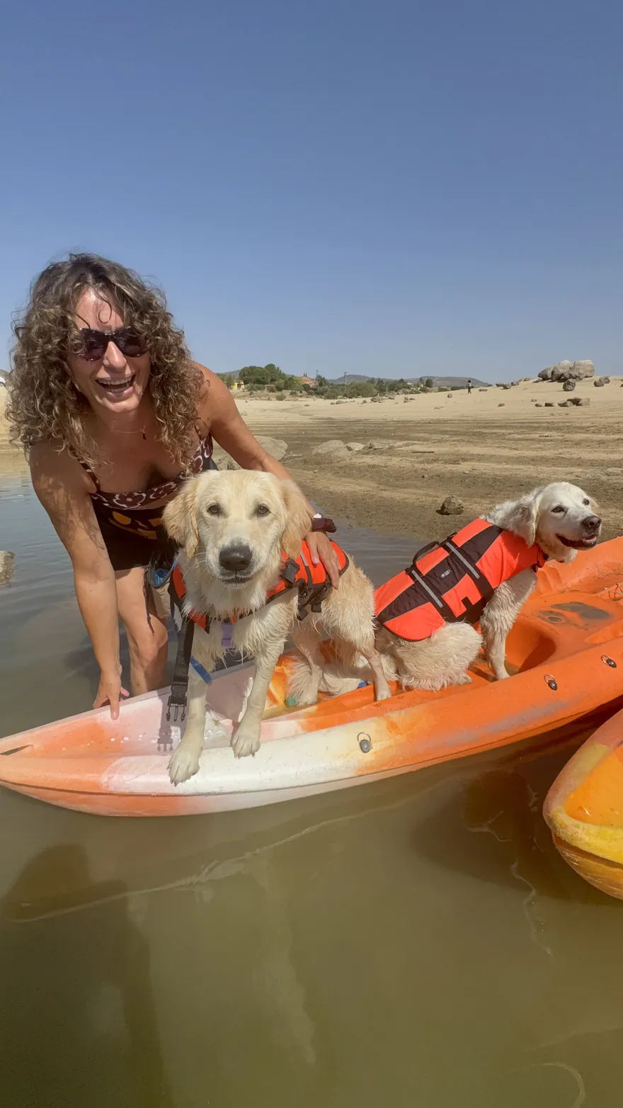 Perro con chaleco salvavidas sobre un kayak en el embalse del Burguillo durante una salida KAYACAN